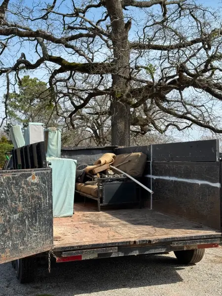 Dump trailer being loaded under a big East Texas oak